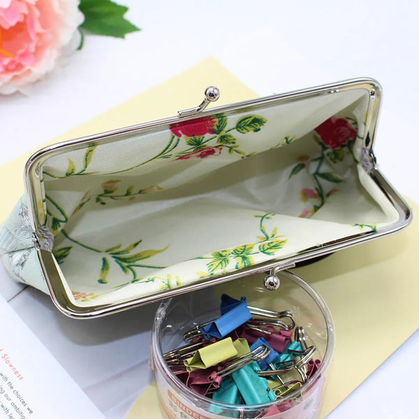 Vintage Women Flower Embroidery Kiss Lock Coin Purse Long Wallet Clutches Bag