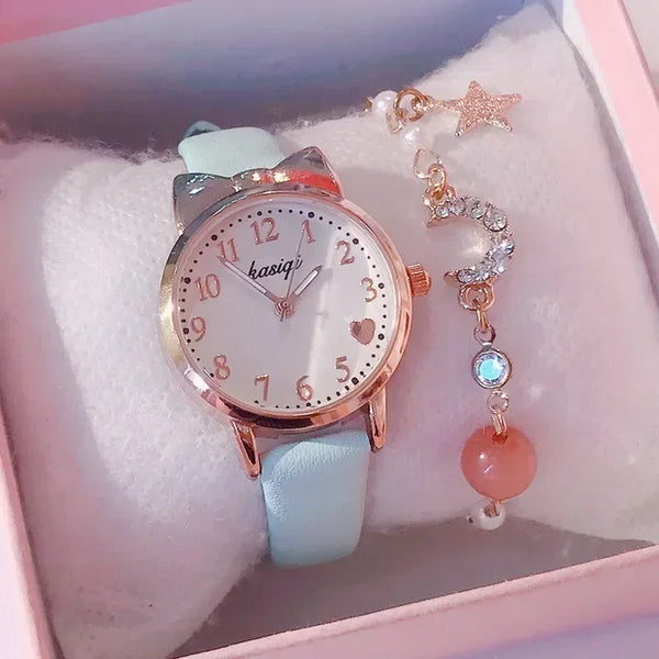 Watch Leather Strap Quartz Watches Kid Girls Clock Children's Watch + Bracelet