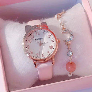 Watch Leather Strap Quartz Watches Kid Girls Clock Children's Watch + Bracelet
