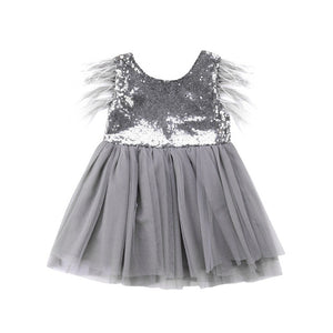 Baby Girl Princess clothes round neck sleeveless Tassel Tulle Polyester backless Sequin Party Mini Dresses