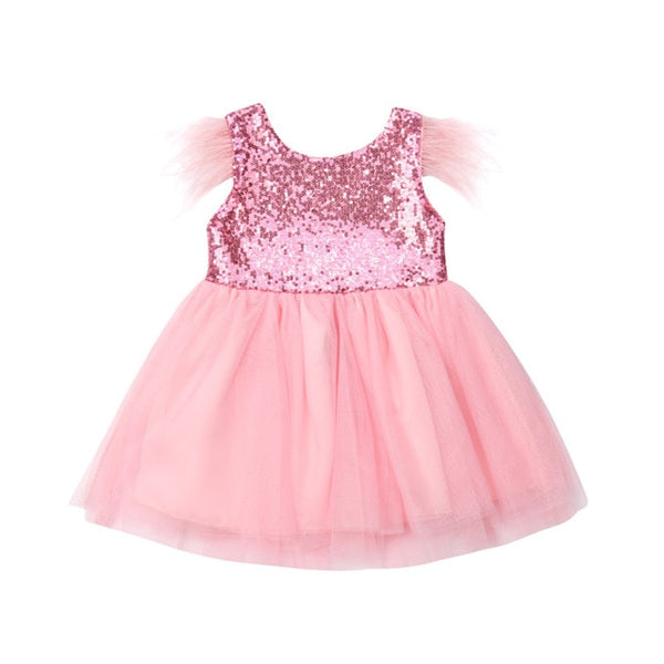 Baby Girl Princess clothes round neck sleeveless Tassel Tulle Polyester backless Sequin Party Mini Dresses